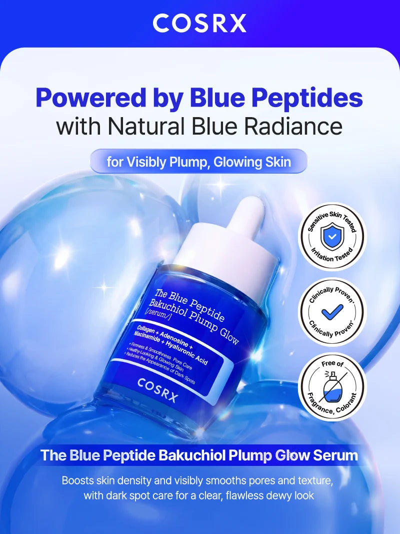 Sheer watery blue serum formula being applied to skin with 100 percent satisfaction badges.