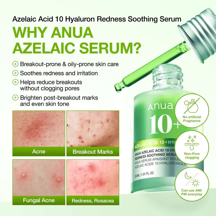 Anua Azelaic Acid 10 Serum bottle surrounded by photos of target skin conditions like acne, breakout marks, fungal acne, and rosacea