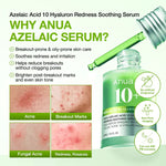 Anua Azelaic Acid 10 Serum bottle surrounded by photos of target skin conditions like acne, breakout marks, fungal acne, and rosacea