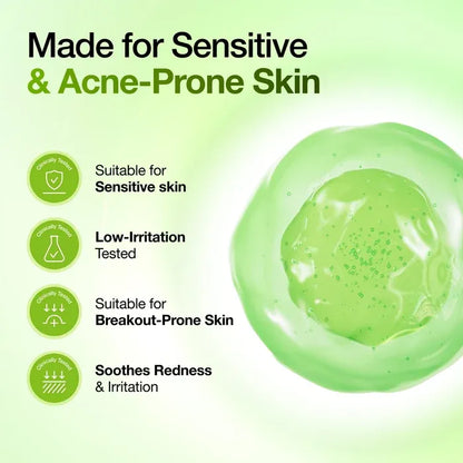Anua Azelaic Acid 10 Hyaluron Serum gel swatch displaying clinical test icons for sensitive and acne-prone skin