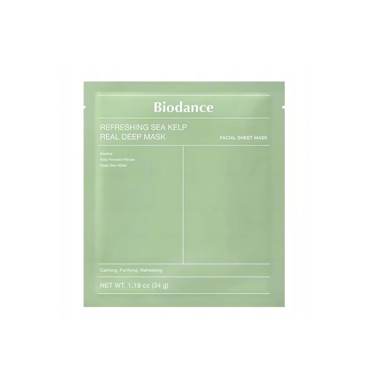 Front packaging of Biodance Refreshing Sea Kelp Real Deep Mask in light green