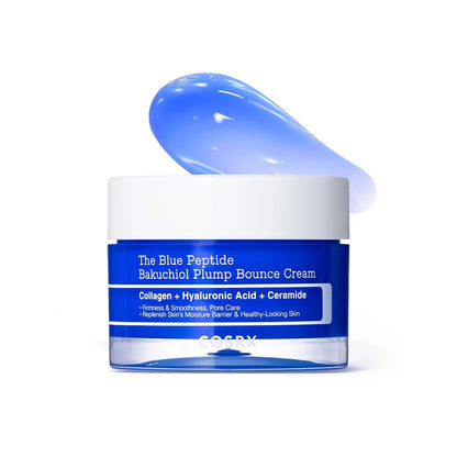 Cosrx cream jar labeled 'The Blue Peptide Bakuchiol Plump Bounce Cream' with a translucent blue product smear above it, on a clean white background.