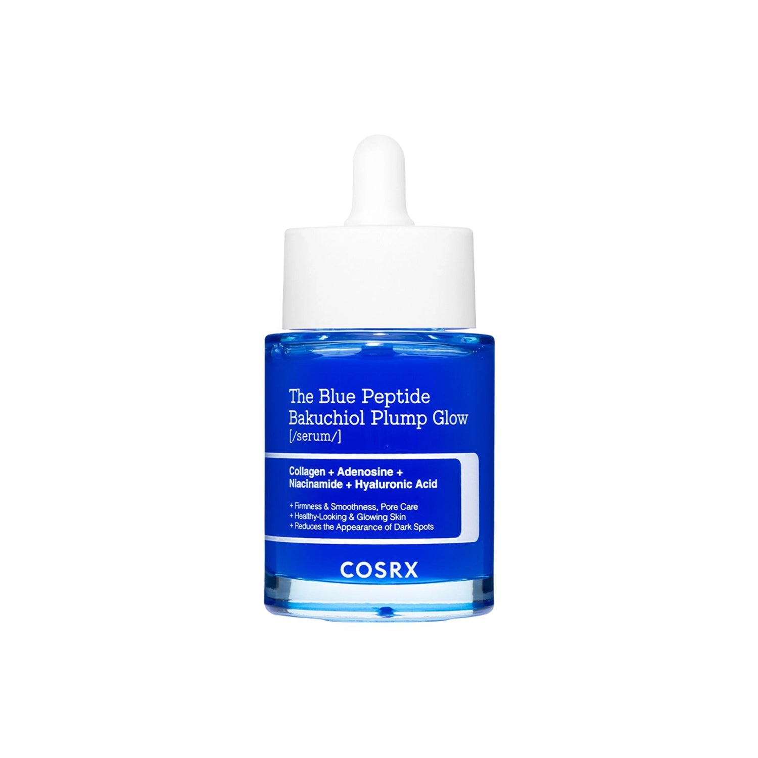 COSRX The Blue Peptide Bakuchiol Plump Glow serum in a blue glass dropper bottle with a white cap, shown on a solid white background.