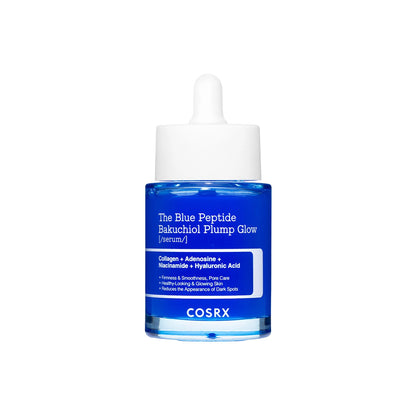COSRX The Blue Peptide Bakuchiol Plump Glow serum in a blue glass dropper bottle with a white cap, shown on a solid white background.