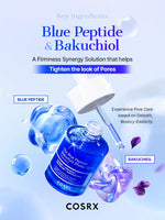 COSRX Blue Peptide Bakuchiol Plump Glow Serum bottle surrounded by blue gel spheres and petals.