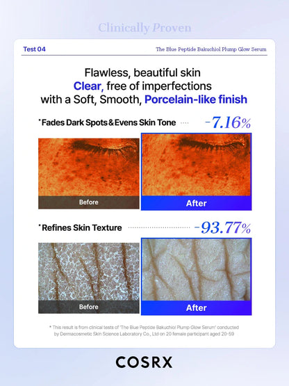 Clinical before and after comparison showing reduced dark spots and refined skin texture with COSRX serum.