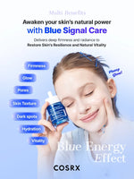 Model touching glowing cheek to highlight benefits of COSRX Blue Peptide Bakuchiol Plump Glow Serum.