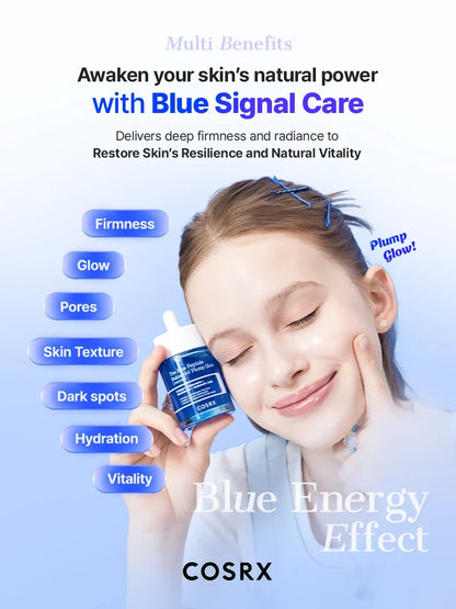 Model touching glowing cheek to highlight benefits of COSRX Blue Peptide Bakuchiol Plump Glow Serum.