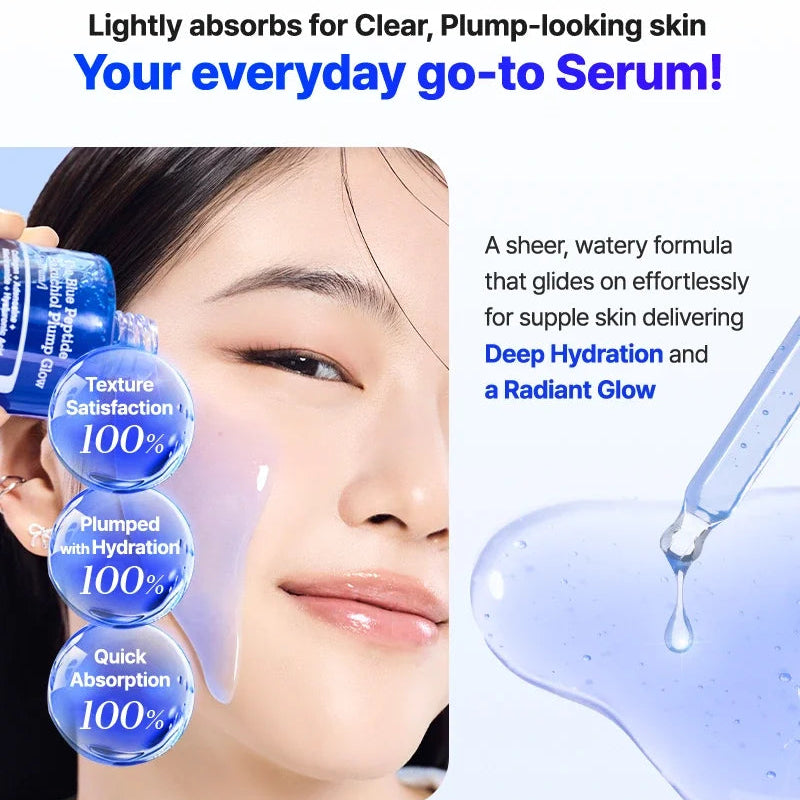 Cosrx serum advertisement with a woman applying serum to her face and product packaging.