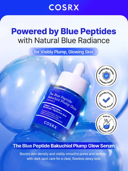 Sheer watery blue serum formula being applied to skin with 100 percent satisfaction badges.