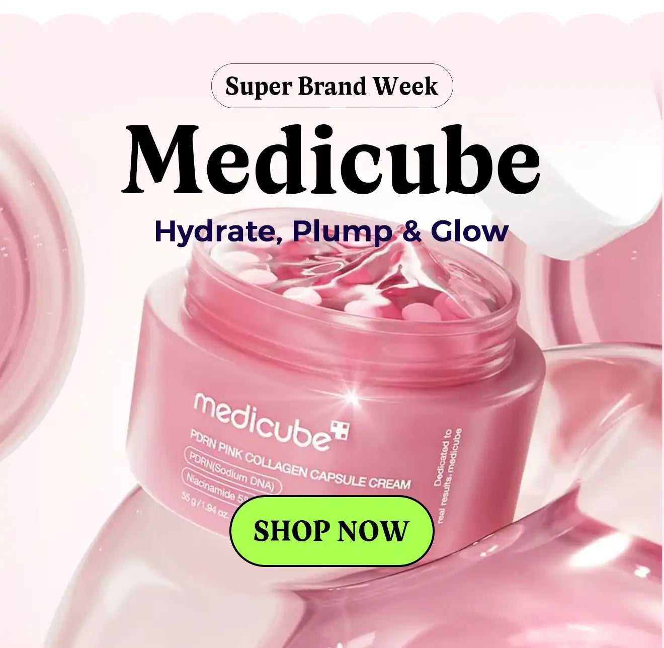 Pink jar of Medicube cream with promotional text and a 'Shop Now' button.