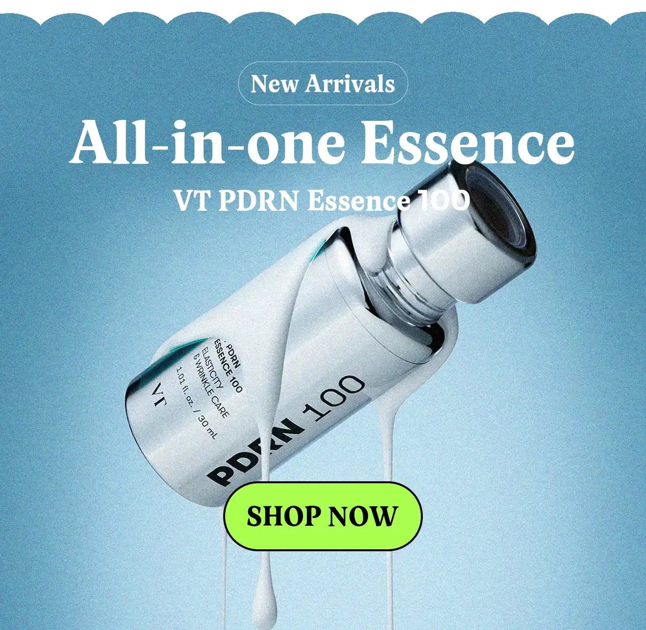 Vt PADRN Essence bottle with 'SHOP NOW' button on a blue background