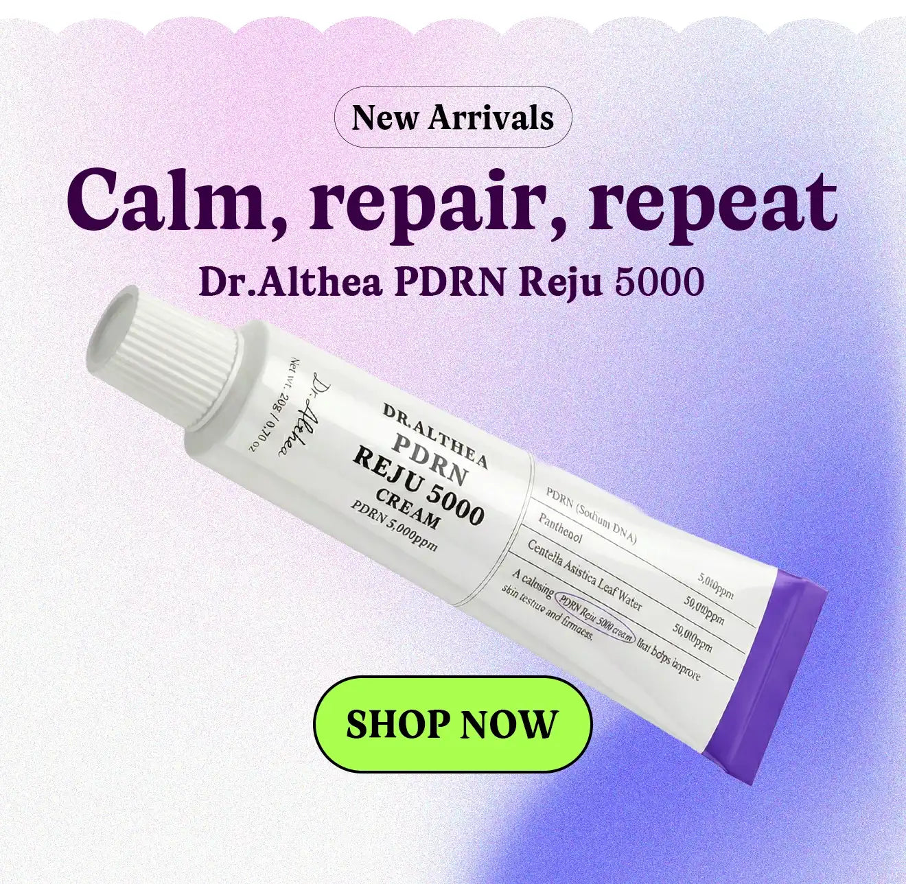 Tube of Dr. Althea PDRN Reju 5000 cream with promotional text on a gradient background