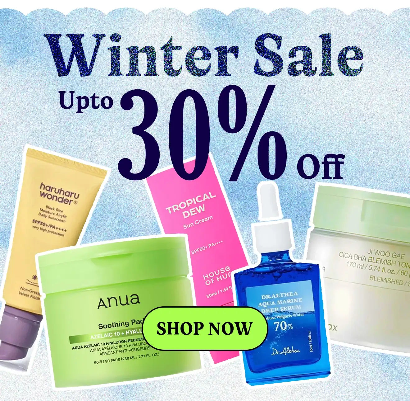 Korean skincare products with a winter sale banner on a blue background