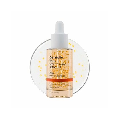 Genabelle PDRN Vita Toning Ampoule bottle showing yellow micro-vitamin capsules.