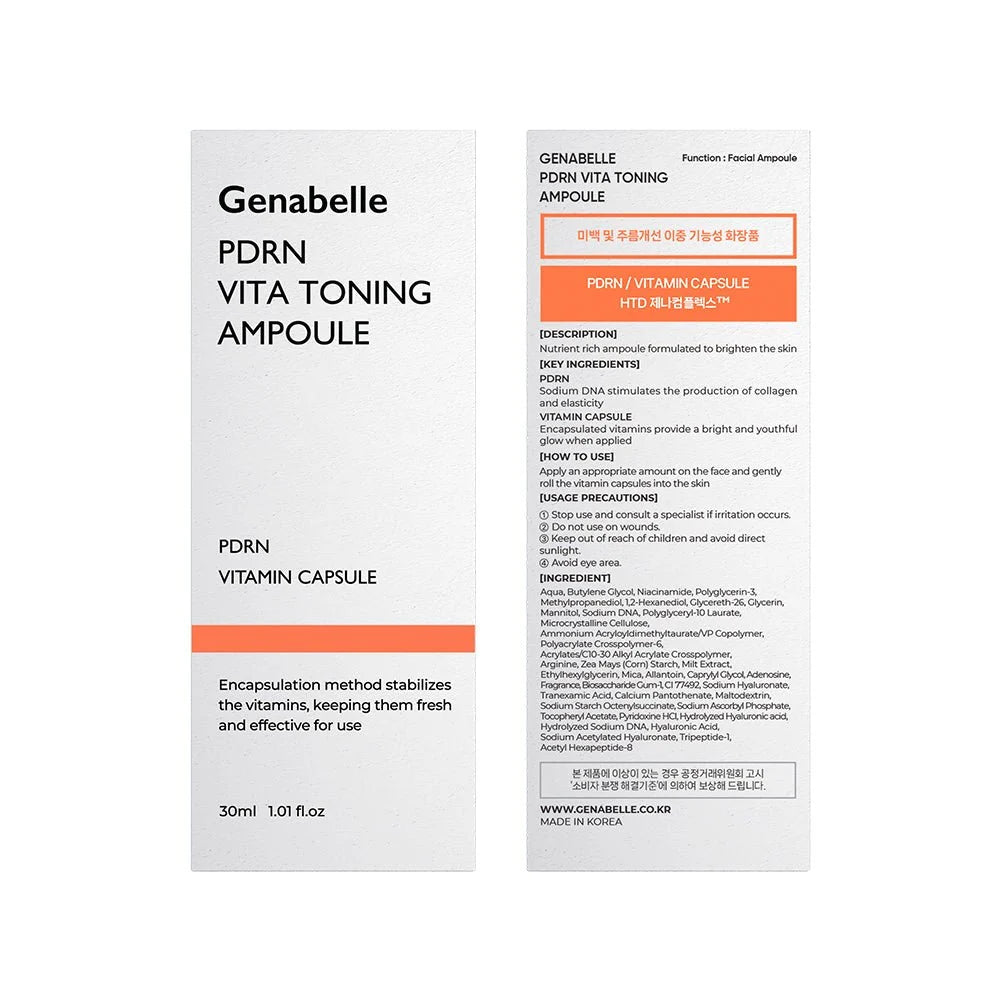 Genabelle PDRN Vita Toning Ampoule outer packaging box with ingredient list and instructions.
