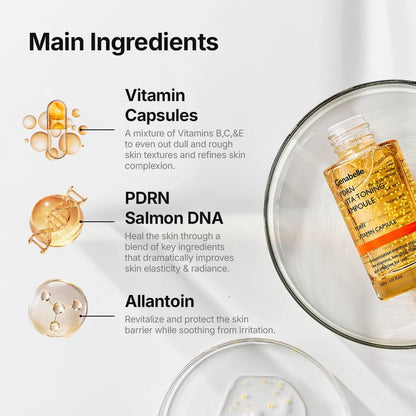 Genabelle key ingredients infographic showing Vitamin Capsules, PDRN Salmon DNA, and Allantoin.
