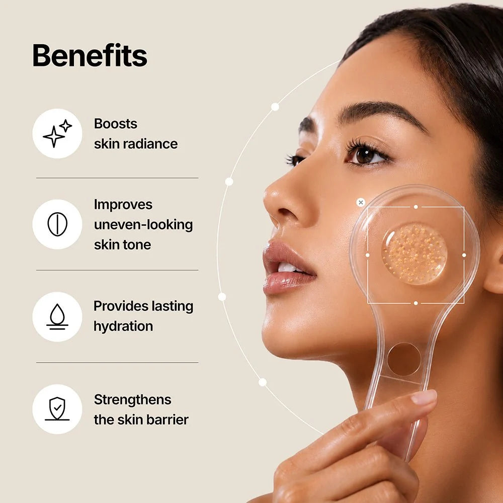 Woman holding applicator dish showing Genabelle ampoule benefits for skin radiance and hydration.
