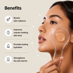 Woman holding applicator dish showing Genabelle ampoule benefits for skin radiance and hydration.