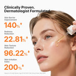 Model applying Genabelle ampoule with statistics on skin barrier repair and redness reduction.