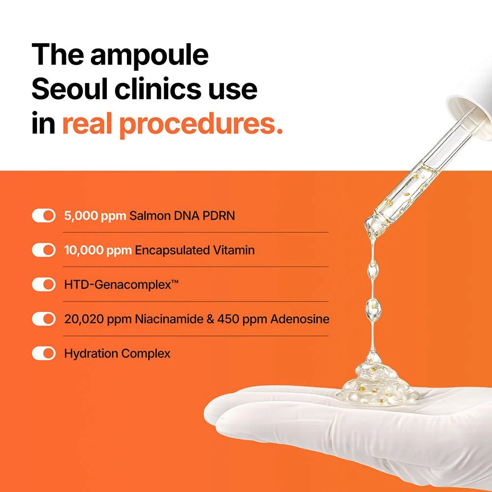 Genabelle ampoule dropper on a gloved hand detailing 5000ppm Salmon DNA and 10000ppm Vitamin Capsules.