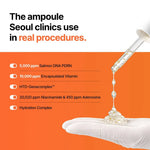 Genabelle ampoule dropper on a gloved hand detailing 5000ppm Salmon DNA and 10000ppm Vitamin Capsules.