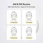 Diagram showing Abib eye patch application on under eyes, forehead, smile lines, and neckline.
