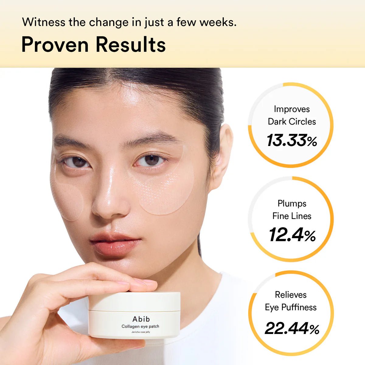Model wearing Abib eye patches showing results for dark circles, fine lines, and puffiness.