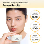 Model wearing Abib eye patches showing results for dark circles, fine lines, and puffiness.