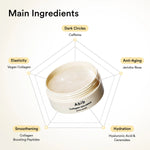 Main ingredients of Abib eye patches: Caffeine, Jericho Rose, Hyaluronic Acid, Peptides, and Vegan Collagen.