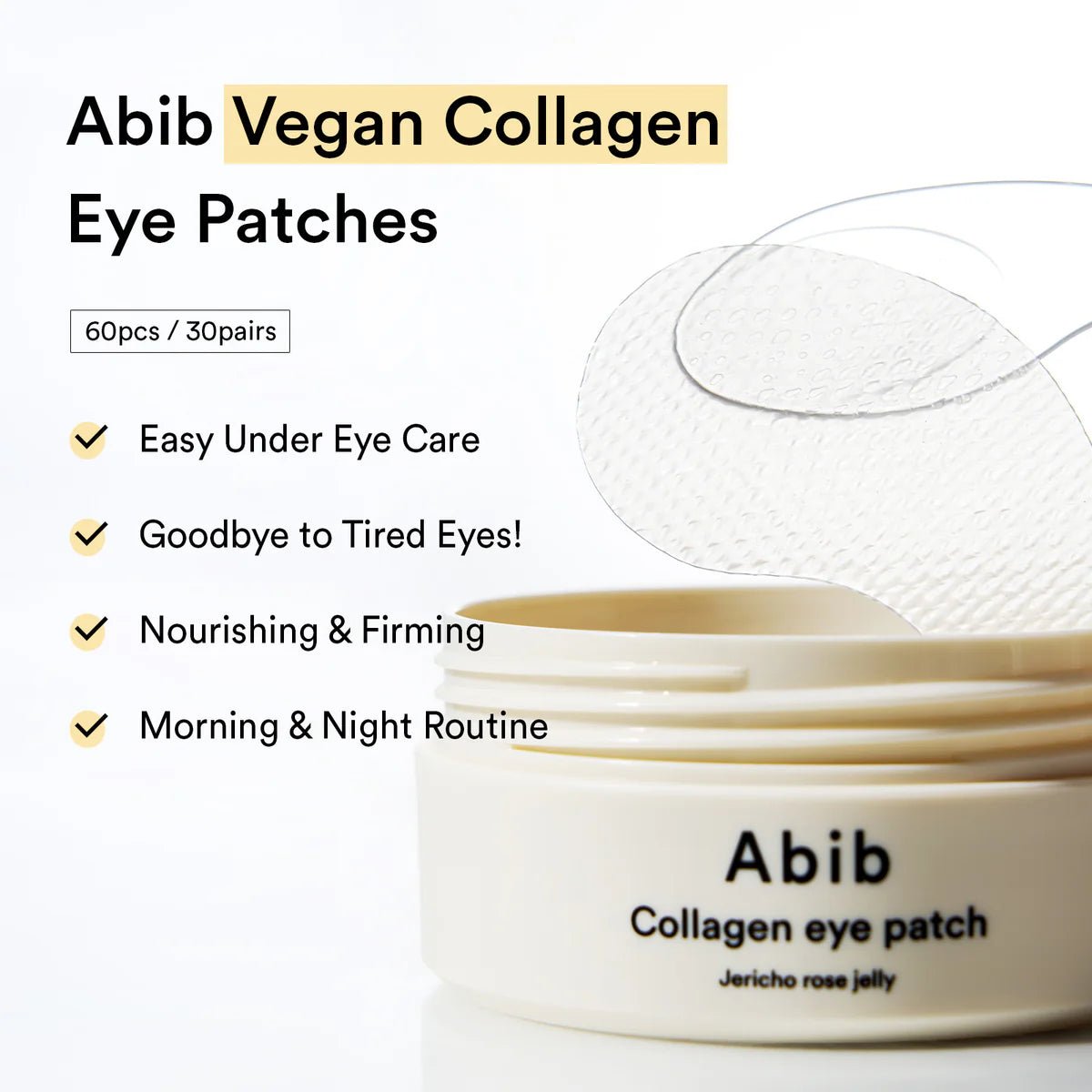 Abib Collagen Eye Patch jar containing 60 patches for nourishing and firming morning and night routines.
