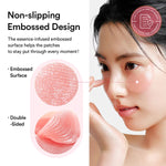 Woman applying a patch on her face with text about non-slipping embossed design.