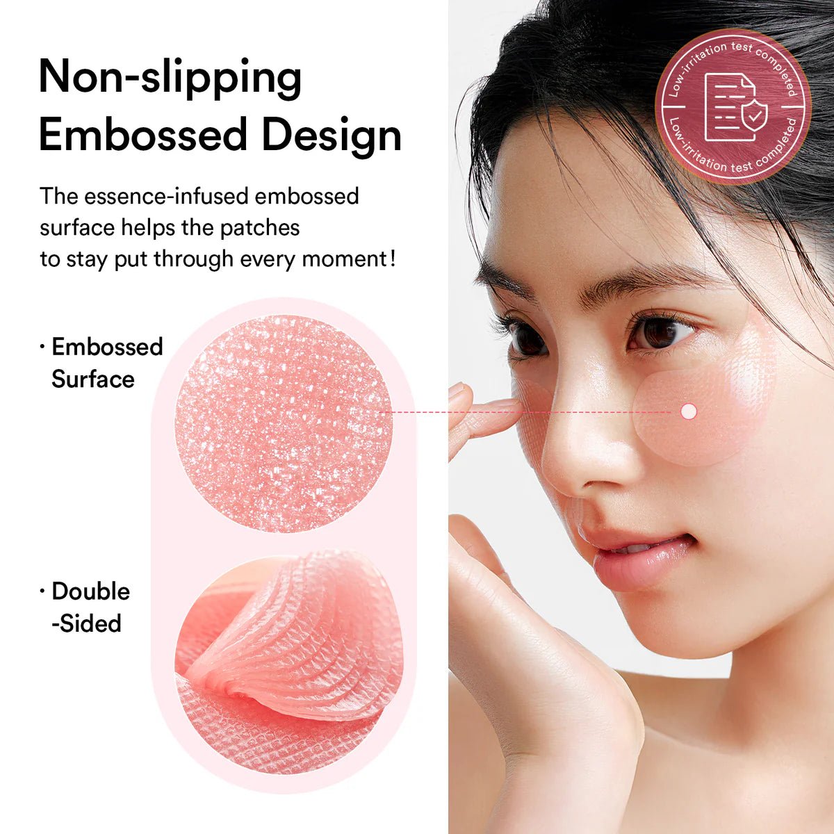 Woman applying a patch on her face with text about non-slipping embossed design.