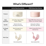 Comparison chart of Jericho Rose Eye patches and PDRN Retinal Eye patches with product images and details.