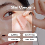 Close-up of a person's face with text indicating skin concerns and a hand pointing to the eye area.