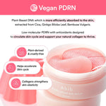 Vegan PDRN eye patch packaging with text about plant-based DNA and benefits.