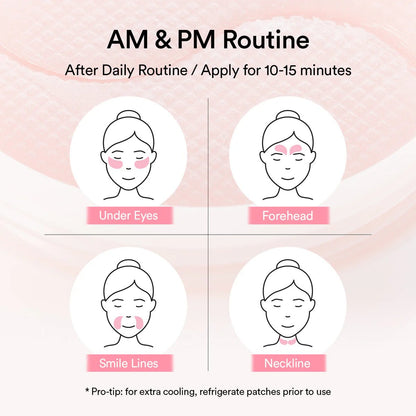 AM & PM Routine diagram for applying Abib eye patches to face on a pink background