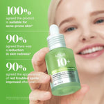 Smiling model holding a bottle of Anua Azelaic Acid 10 Hyaluron Serum next to clinical trial efficacy statistics