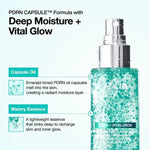 Close up of Anua PDRN oil capsules and watery essence explaining deep moisture and vital glow benefits.