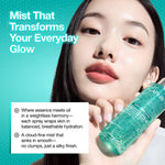 Woman holding Anua serum spray showing dewy skin and fine mist application for a silky finish.