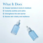 Two blue bottles of Serum floating on a white background with text highlighting hydration, soothing, and barrier repair.