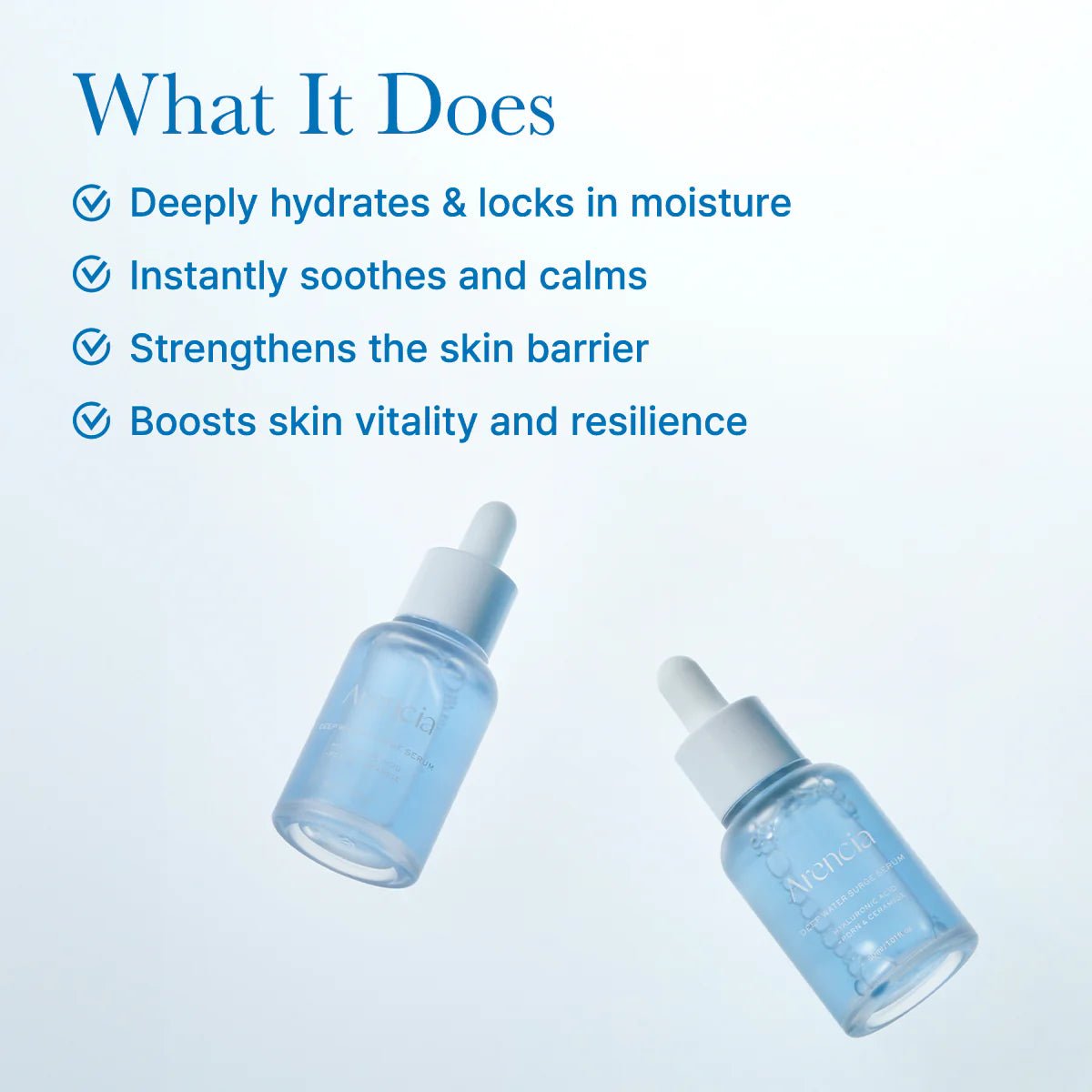 Two blue bottles of Serum floating on a white background with text highlighting hydration, soothing, and barrier repair.