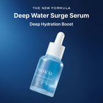 Aesthetic blue background featuring the Arencia Deep Water Surge Serum with text "The New Formula" and "Deep Hydration Boost.