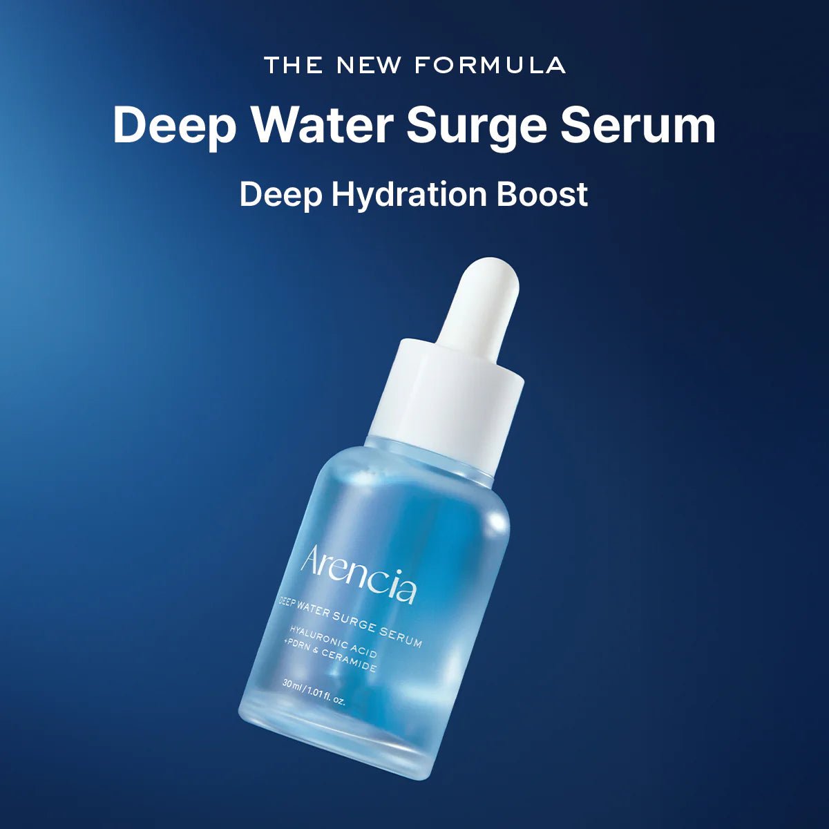 Aesthetic blue background featuring the Arencia Deep Water Surge Serum with text "The New Formula" and "Deep Hydration Boost.