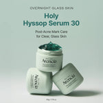 Stack of three Arencia Holy Hyssop Serum jars showcasing the clean, mint-green minimalist packaging.
