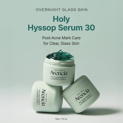 Stack of three Arencia Holy Hyssop Serum jars showcasing the clean, mint-green minimalist packaging.