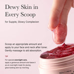 Fingers scooping the jelly-like red serum from the jar, with instructions for dewy overnight skincare