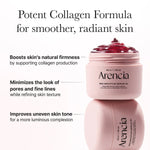 Arencia product jar with text detailing benefits like boosting natural firmness and minimizing pores and fine lines.