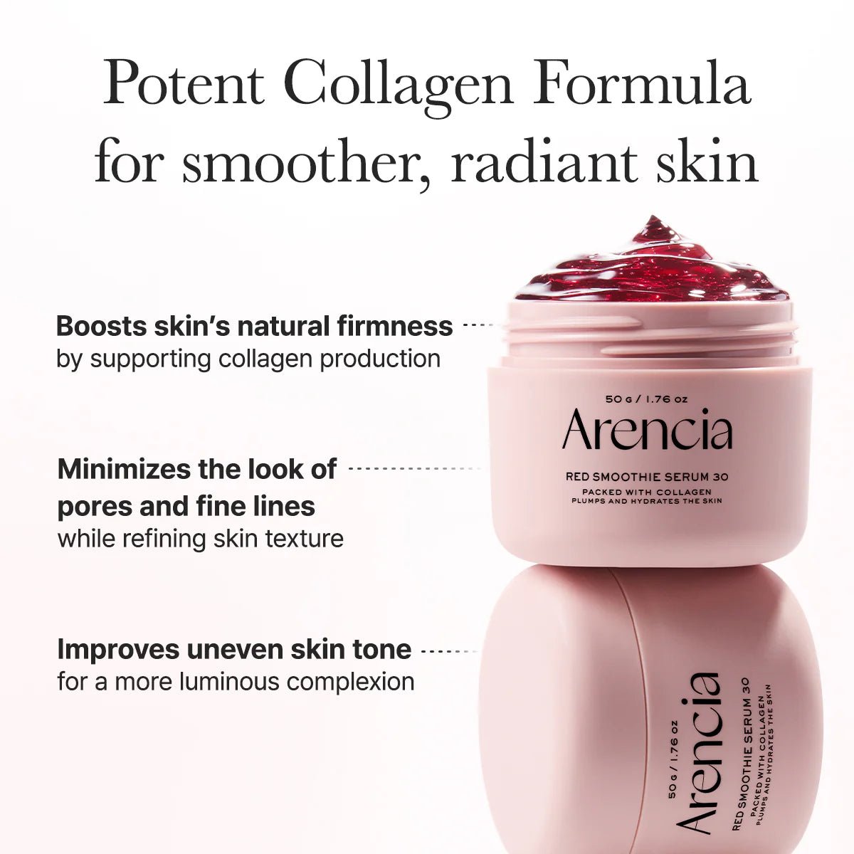 Arencia product jar with text detailing benefits like boosting natural firmness and minimizing pores and fine lines.