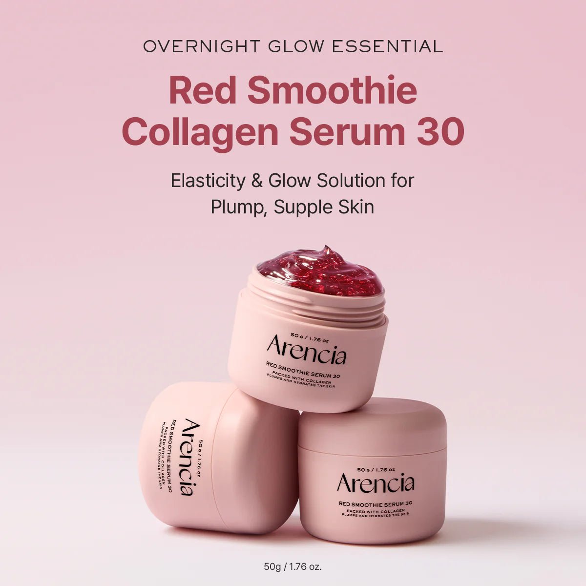 Arencia Red Smoothie Collagen Serum 30 jars stacked on a pink background, highlighting the "Overnight Glow Essential.